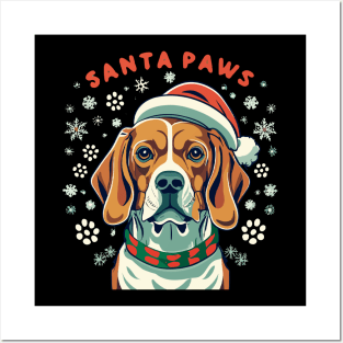 Cute beagle dog with christmas hat, Santa paws text Posters and Art